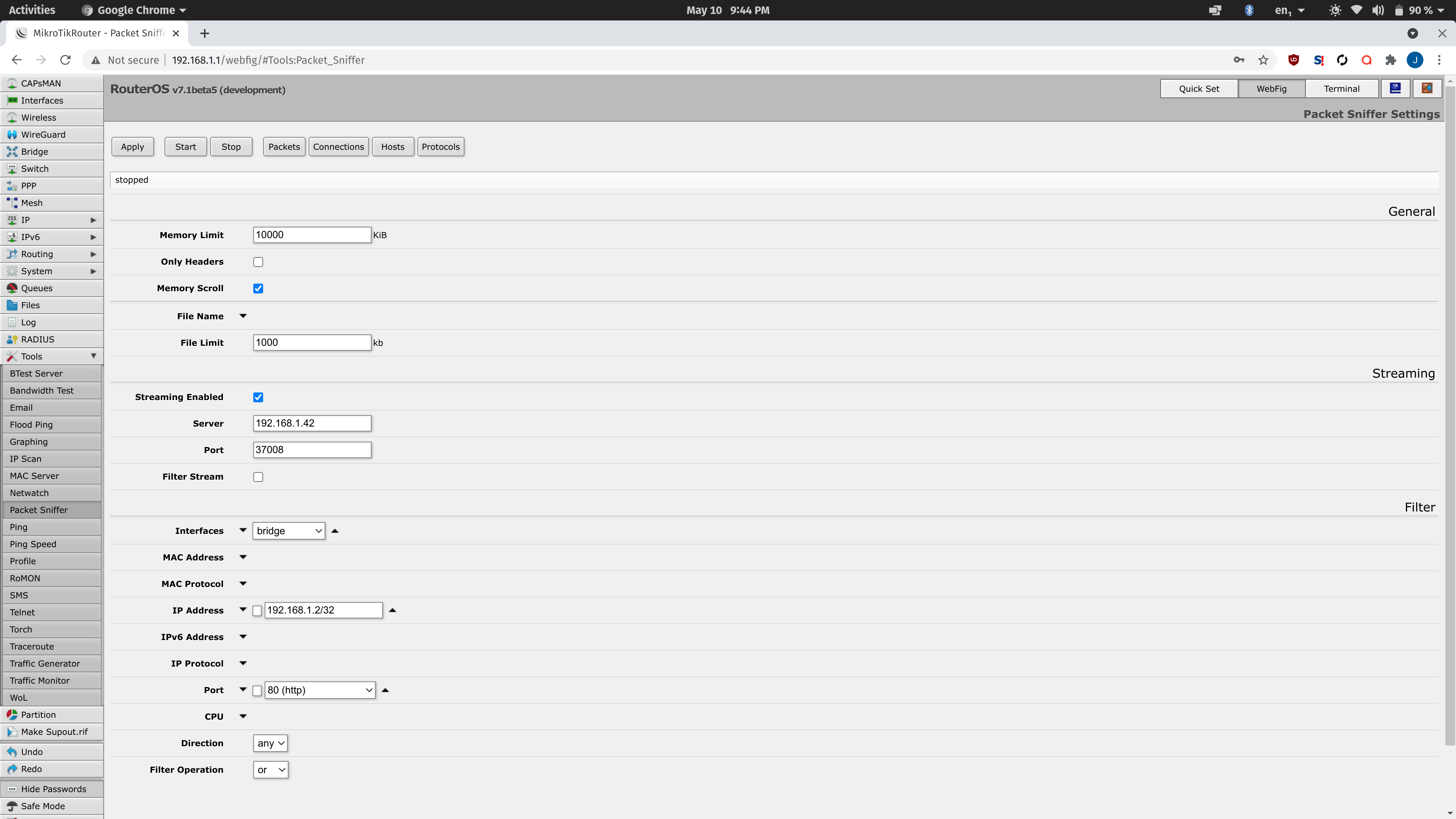 Screenshot of a Mikrotik router in the Packet Sniffer menu