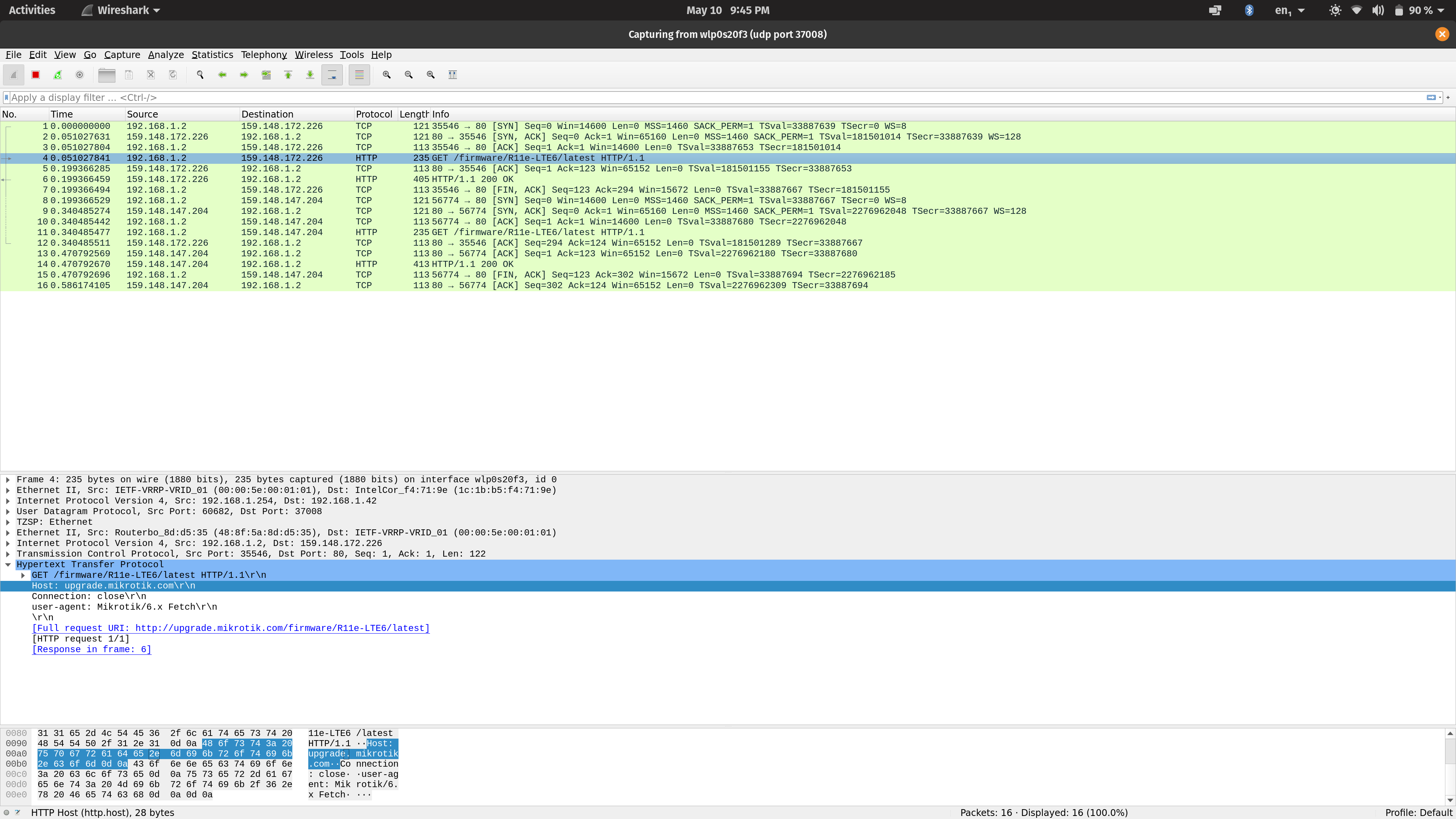 Screenshot of Wireshark sniffing packets sent by the Mikrotik router