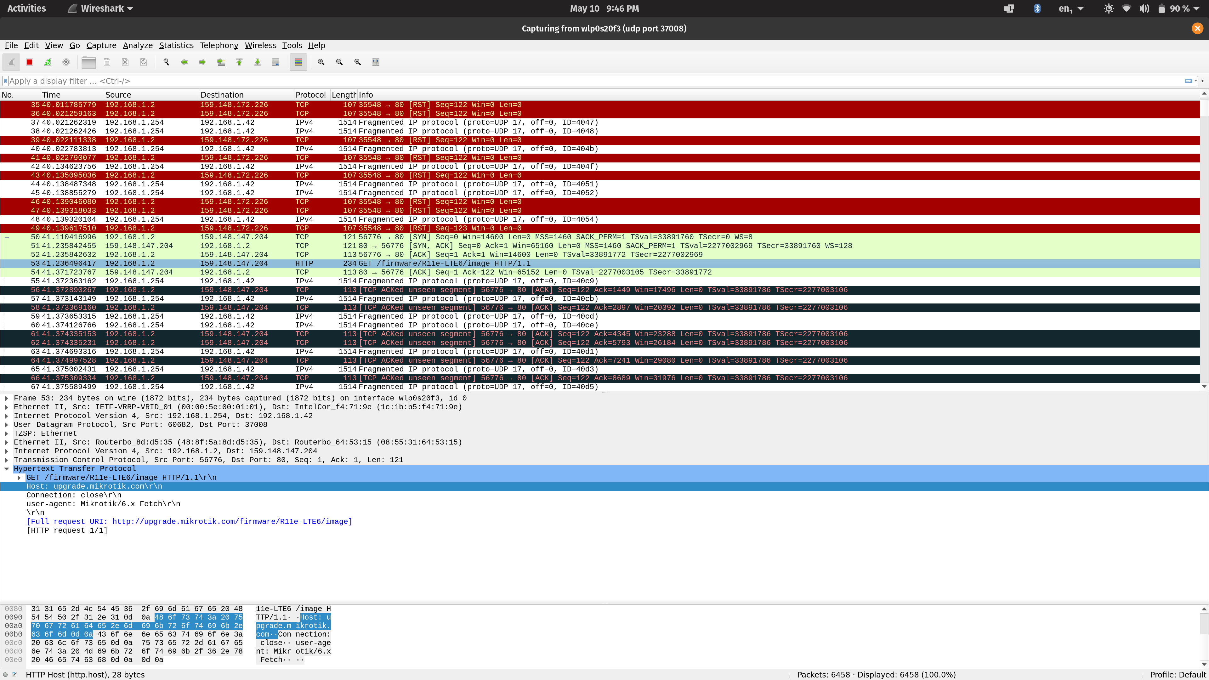 Screenshot of Wireshark sniffing packets with more meaning