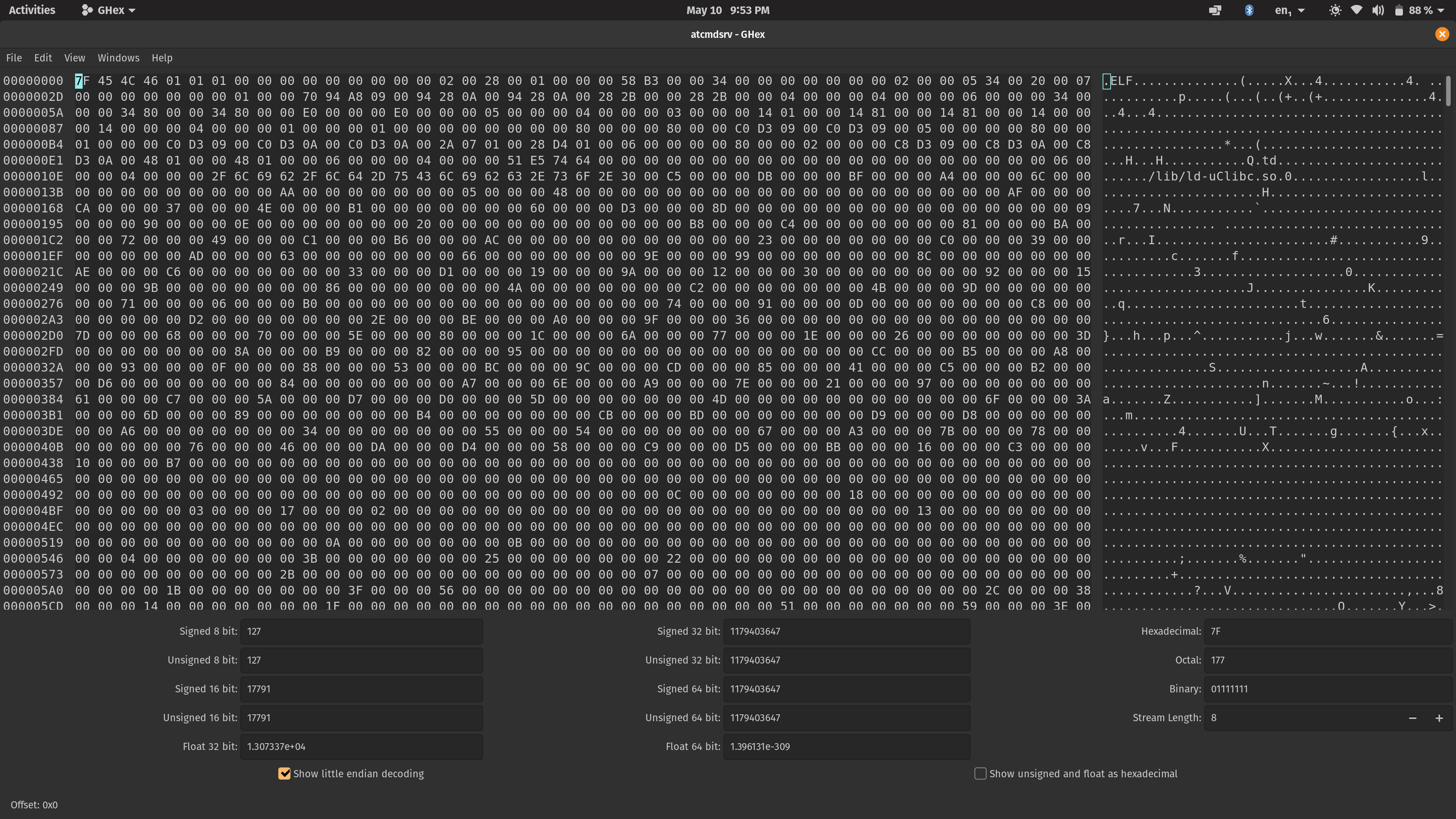 Screenshot of Ghex editing the atcmdsrv file