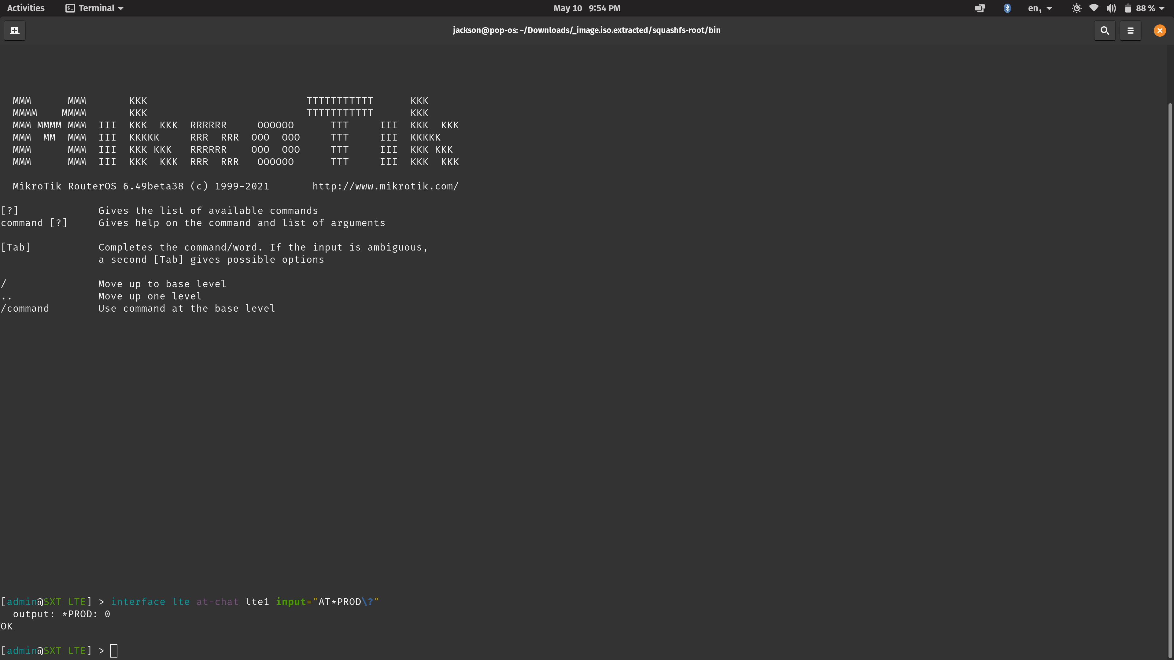 Screenshot of the Mikrotik LTE device with AT*PROD\? being entered