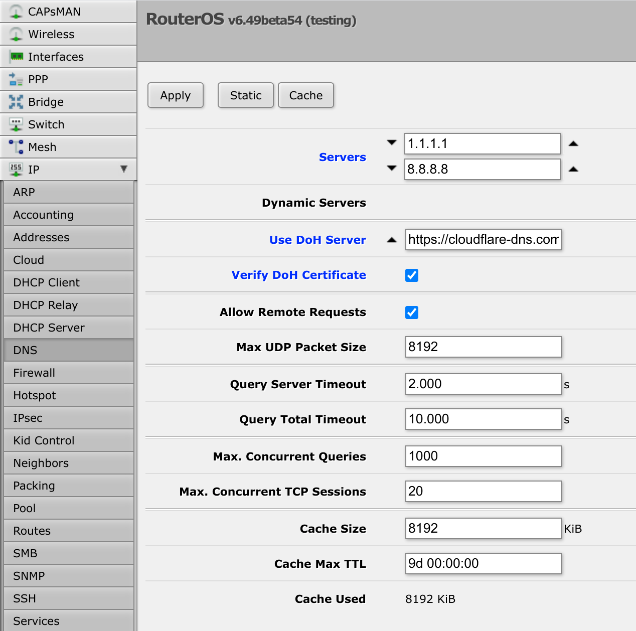 Screenshot of the DNS menu in RouterOS.